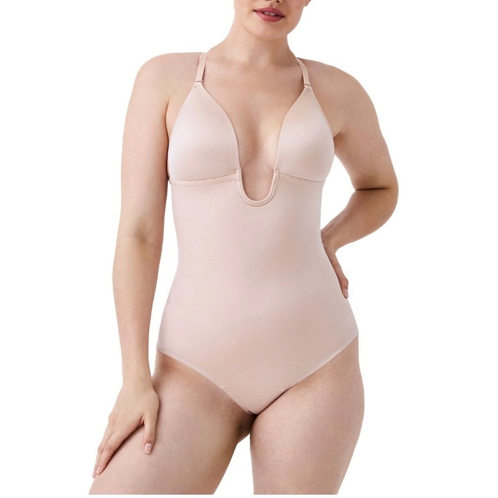 Spanx Suit Your Fancy Plunge Low-Back Thong Bodysuit Champagne Beige 10206R L